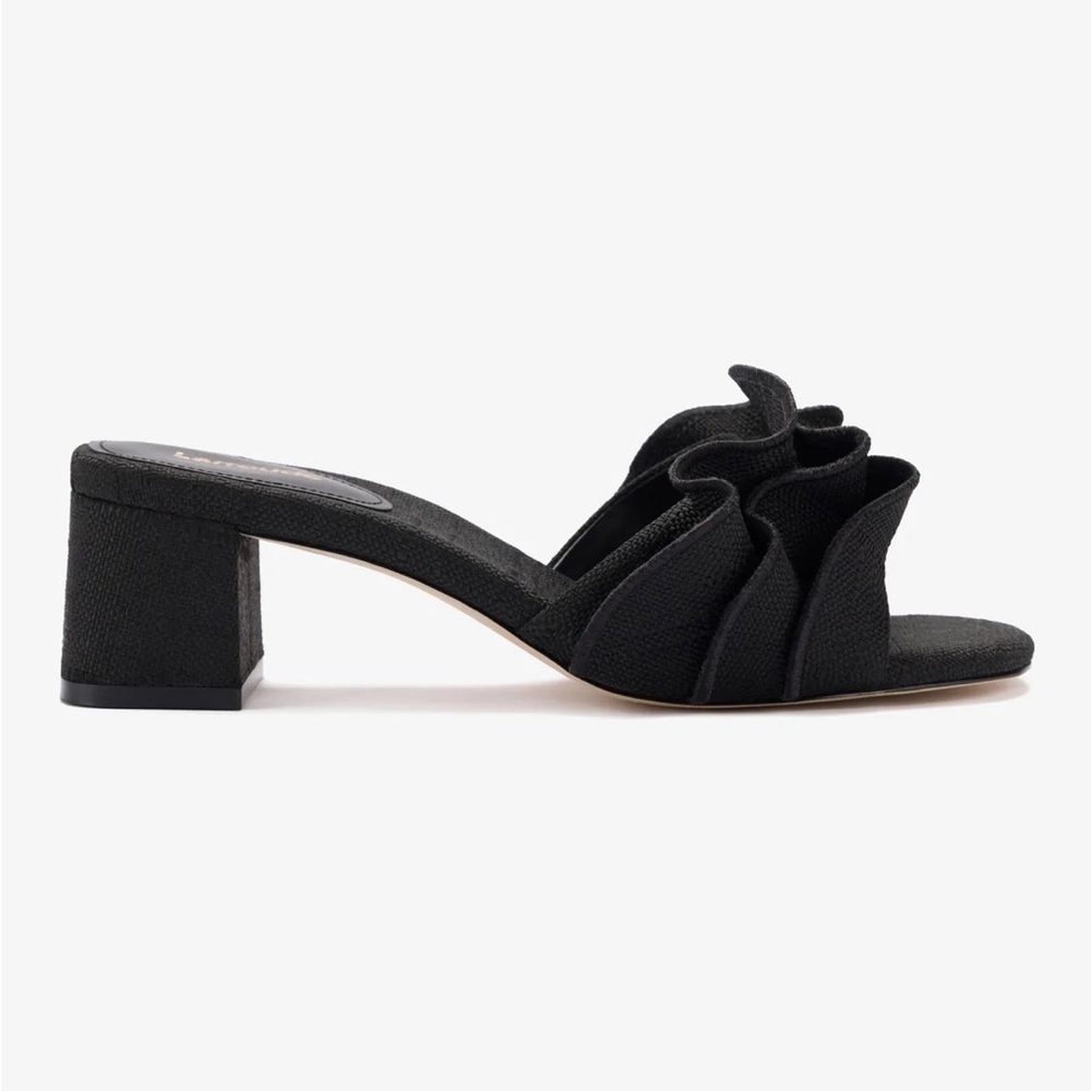 Larroude Black Ruffle Block Heel Mules